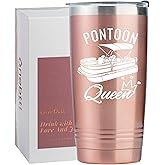Onebttl Funny Pontoon Boat Gifts for Boat Owners, 20oz Stainless Steel Tumbler with Spill-Proof Lid and Straw, Gift Card & Box Included, Rose Gold - Pontoon Queen