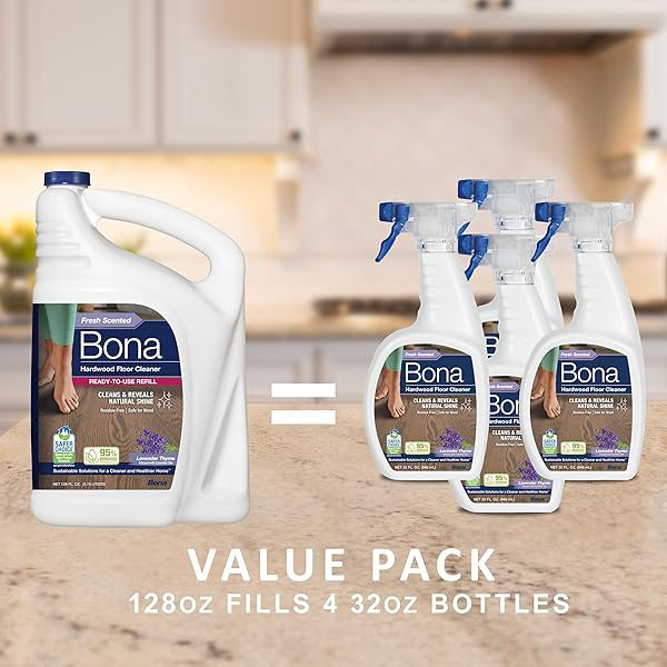 BONA HARDWOOD FLOOR CLEANER REFILL – 128 FL OZ – LAVENDER THYME SCENT – RESIDUE-FREE FLOOR CLEANING SOLUTION SPRAY MOP AND SPRAY BOTTLE REFILL – FOR WOOD FLOORS