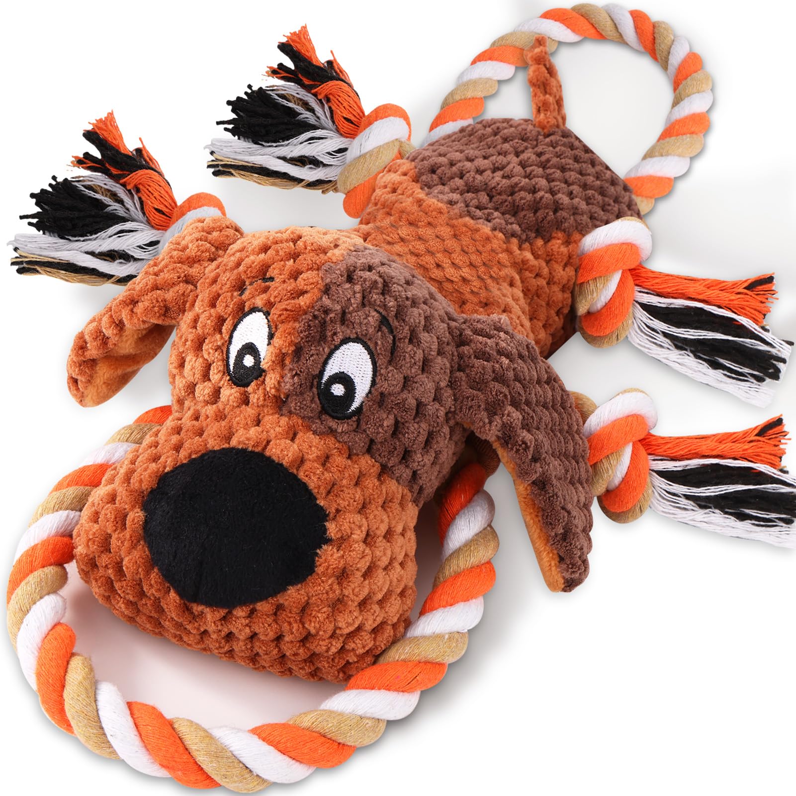 Photo 1 of Plush Dog Toys with Rope, Squeaker & Crinkle Paper – Interactive Squeaky Chew Toy for Large Dogs & Puppies – Tough Pet Toy for Tug of War, Fetch & Dental Exercise