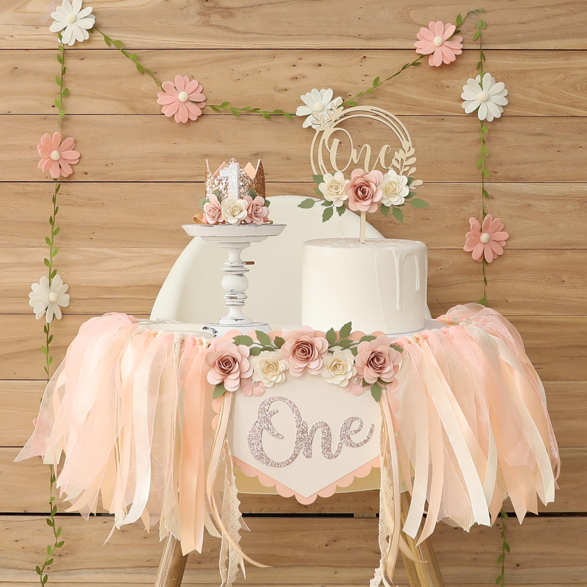Photo 1 of DCJHFJ Wildflower 1st High Chair Banner Birthday Party Decorations for Girl Light Pink One Flower Cake Topper 1st Birthday Decorations Supplies