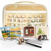 GUJYUYIF Mini Watercolor Travel Paint Set,22Pcs Artist Watercolor Palette Travel Set with Colors,Wooden Paint Box,Brush,Holder,Oil Cup,Plastic Bottles Storage Bag for Beginners Artists Student(8 Grids)