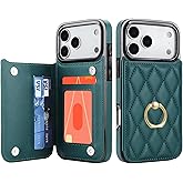 IKOLYS Wallet Case for iPhone 17 Pro with Card Holder, Ring Kickstand Card Slots Leather Case with Double Magnetic Clasp Shockproof Phone Cover 6.3 Inch 2025, Dark Green