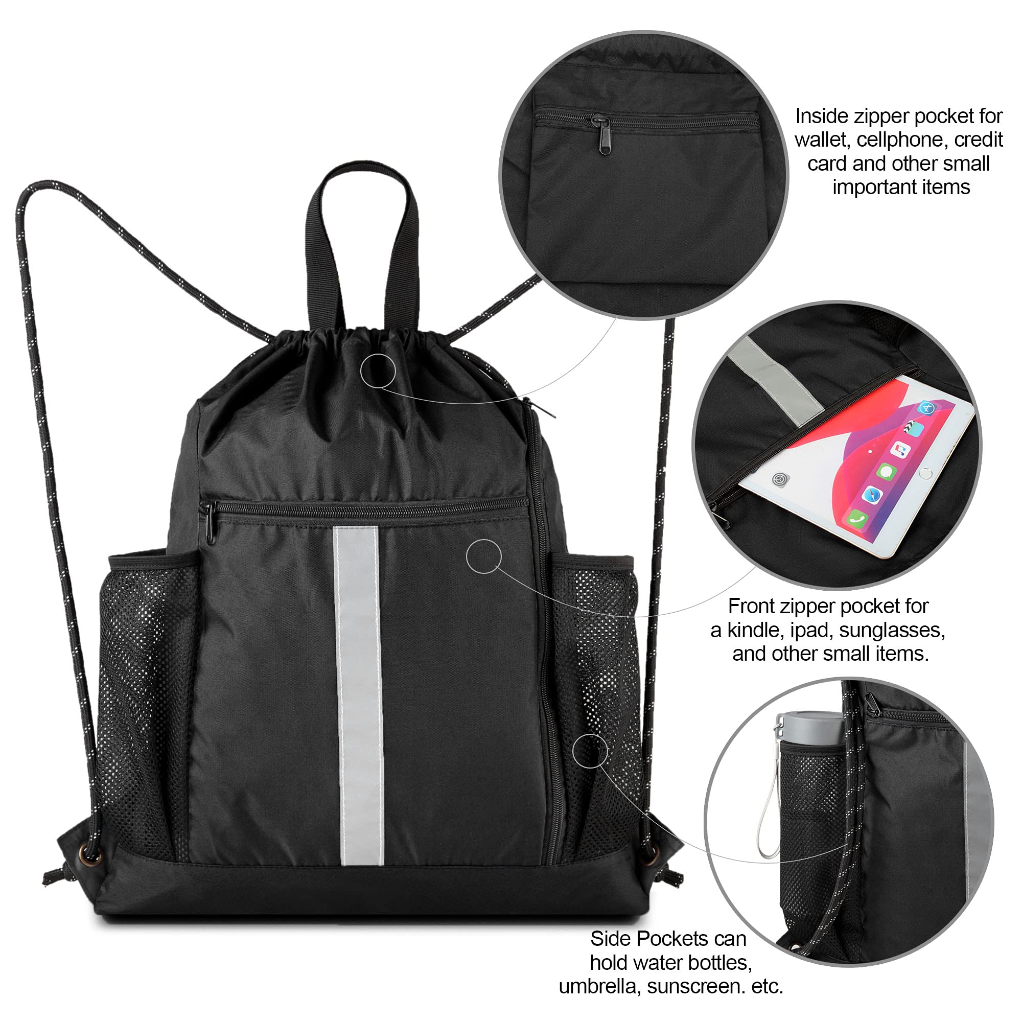 BeeGreen Drawstring Backpack Sports Gym Bag With Shoe Compartment and Two Water Bottle Holder …