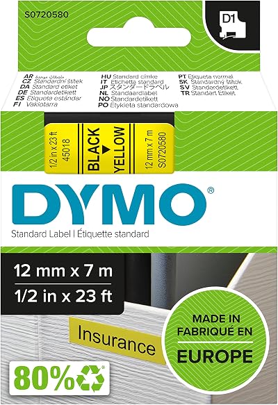 DYMO D1 Labels Black on Yellow 12 mm x 7 m Self-Adhesive Tape