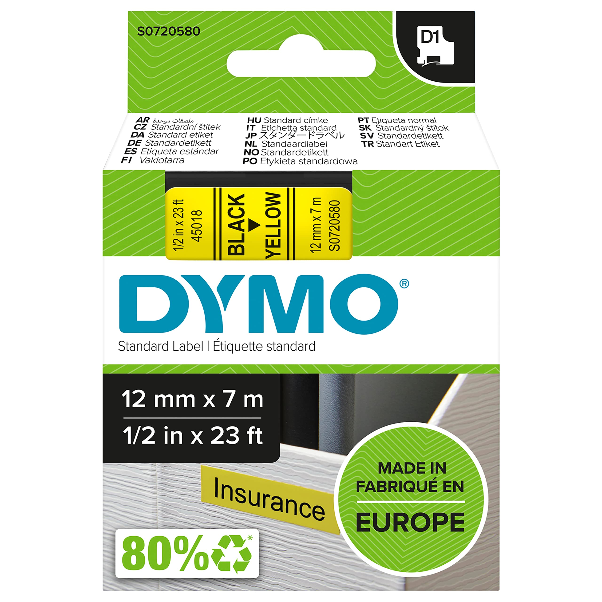 DYMO Authentic D1 Labels | Black Print on Yellow Tape | 12 mm x 7 m | Self-Adhesive Labels for LabelManager Label Makers | Made in Europe — image 1
