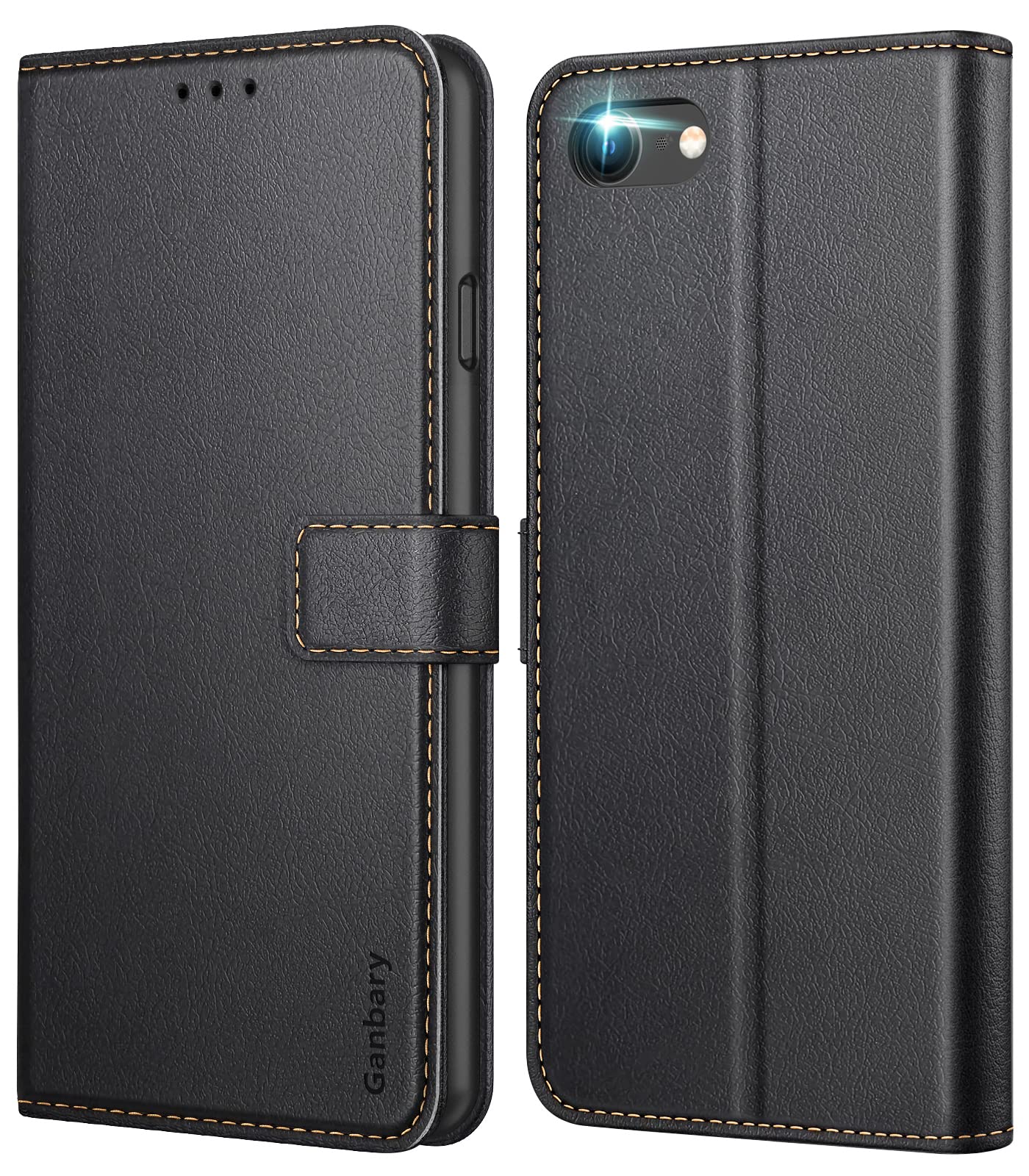 Ganbary Case Compatible with iPhone SE 2022/2020/8/7, Premium PU Leather Flip Wallet Case [Full Protection] [Card Slots] [Kickstand], Black — image 1