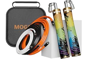 Mogold Weighted Jump Rope for Men Women -Interchangeable 1/5lb 1/4lb 1/2lb Heavy jump ropes - 360 Degree Spin - Length Adjustable,Ergonomics Leather Grip Skipping Rope for Fitness Weight Loss & More