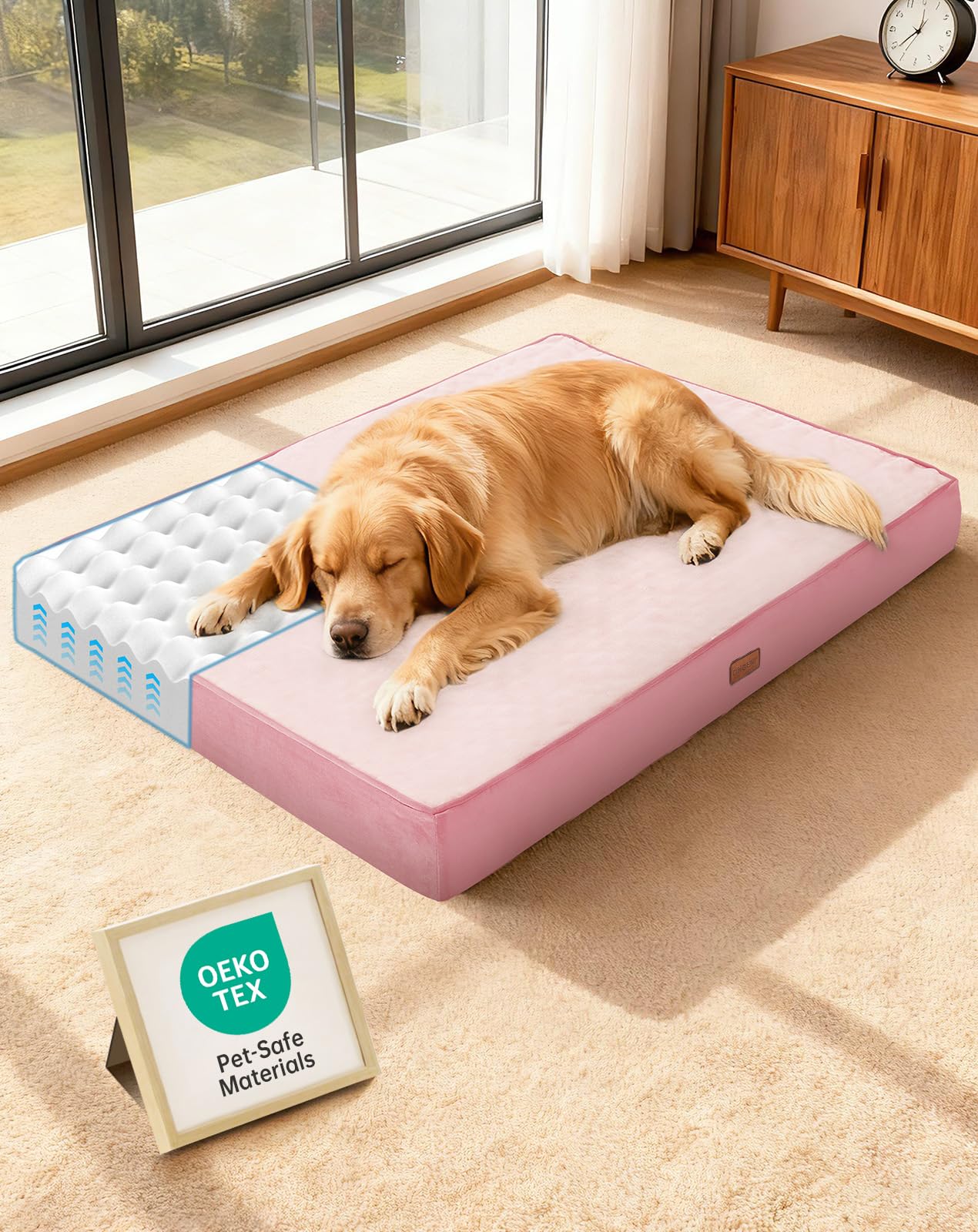 OhGeni Orthopedic Waterproof Bed for Dogs & Cats - Machine Washable Pet Bed with 25D Egg Crate Foam, Non-Slip Bottom & Removable Cover, Pink, 44 inch Image