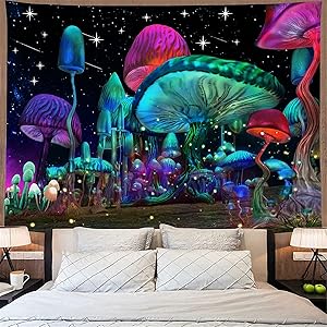 Bacazue Psychedelic Mushroom Tapestry Fantasy Waves Starry sky Tapestry Trippy Wall Hanging Tapestry for Bedroom Living Room Home Decor (29.5