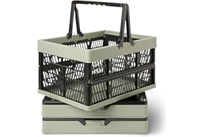 Amazon Basics Collapsible Plastic Grocery Shopping Baskets with Handles, 3 Pack, 6.6 gallon, Green