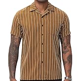 TUNEVUSE Men Hawaiian Shirt Vintage Striped Shirt Short Sleeve Summer Beach Causal Cuban Collar Shirt with Pocket