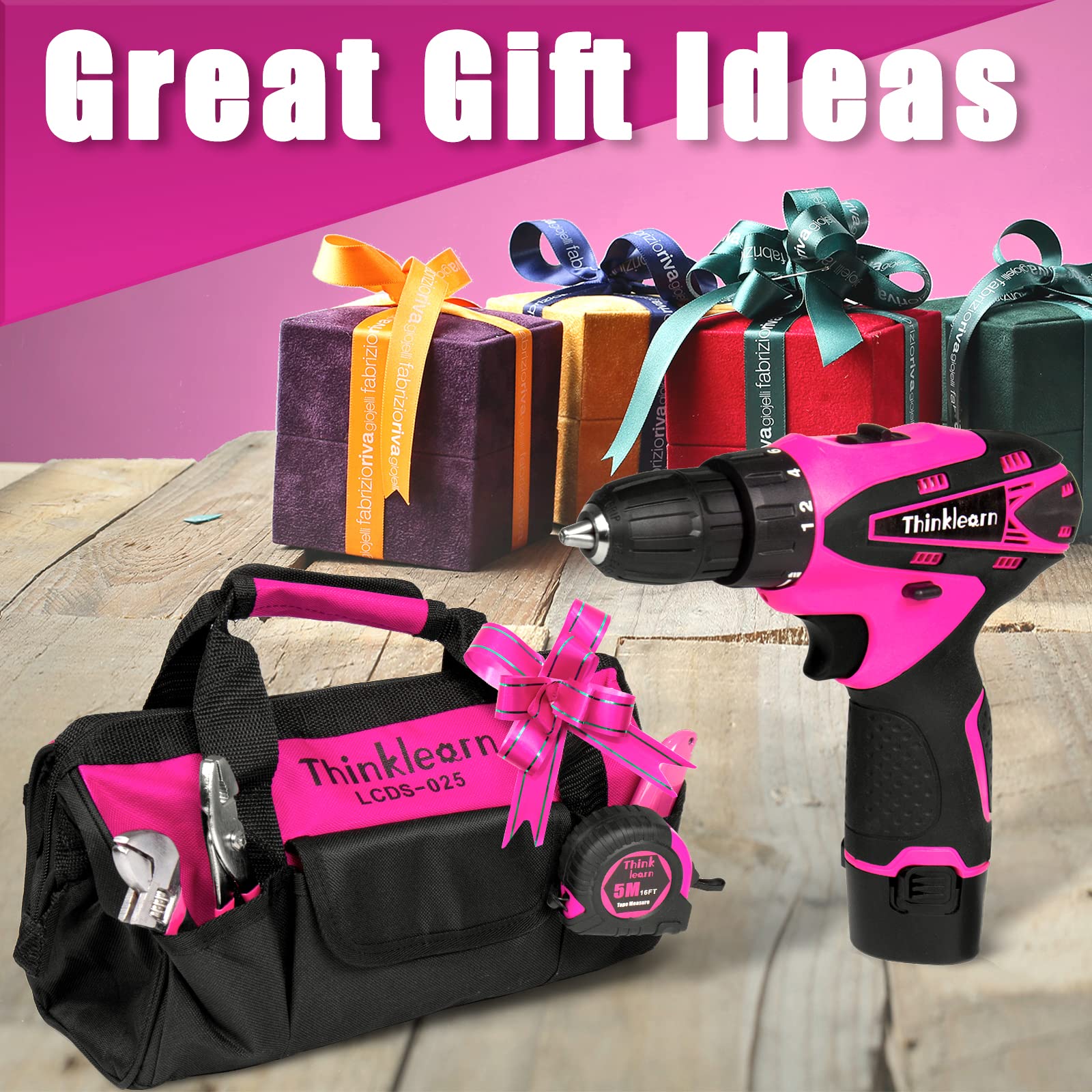 ThinkLearn Pink Drill Set for Women, 137 Piece Hand and Power Tool Set with 12V Cordless Drill, Home Tool Kit for DIY, Necessities for Daily Decoration and Maintenance, As a Creative Gift for Ladies