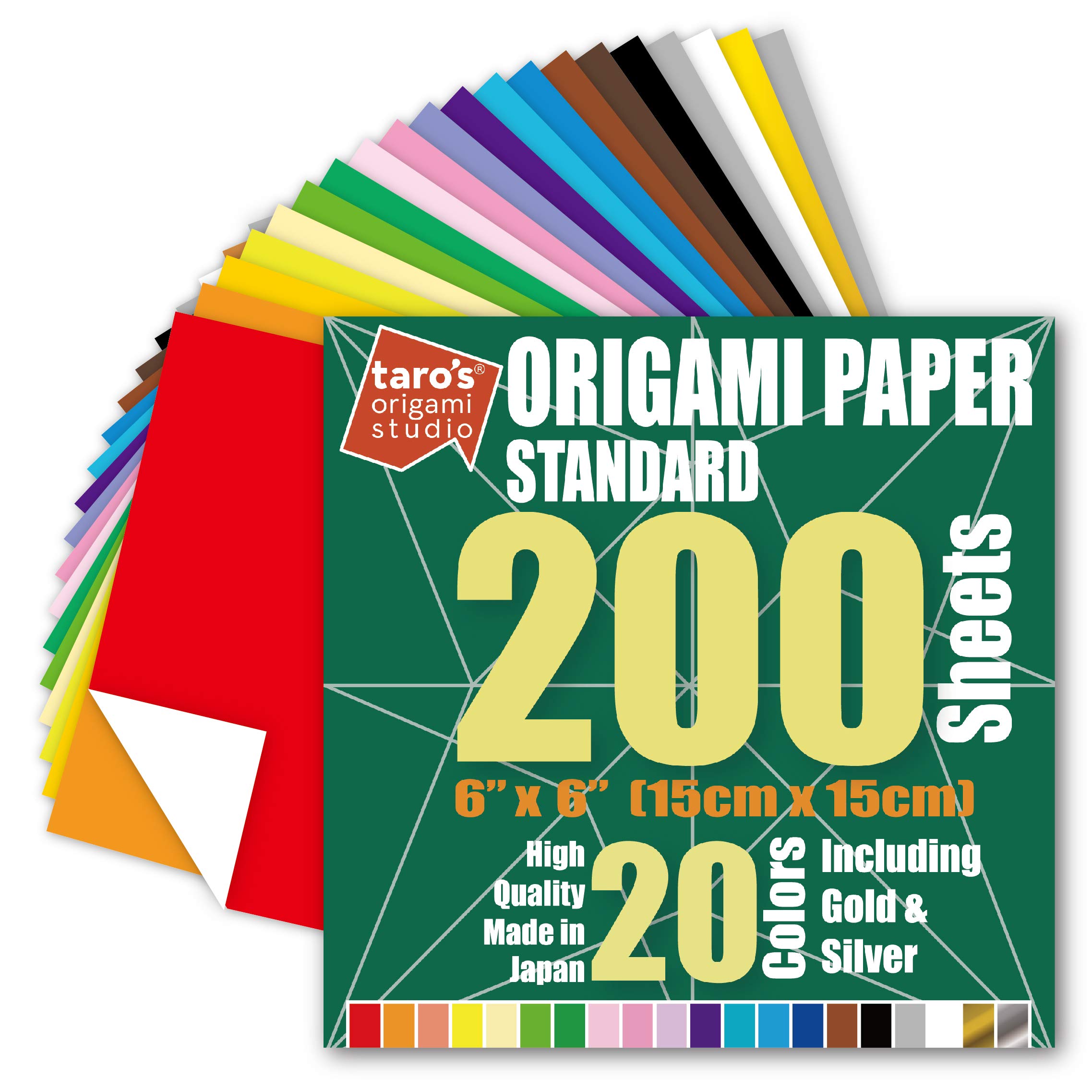 [Taro's Origami Studio] Standard 6 Inch One Sided 20 Colors 200 Sheets Square Easy Fold Premium Japanese Paper for Beginner (Gold and Silver Included) Made in Japan