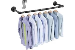 OROPY Industrial Pipe Clothing Rack 38.4", Heavy Duty Detachable Wall Mounted Clothes Rack Black Iron Garment Bar, Multi-purpose Hanging Rod for Closet Storage, Black (Two Base)