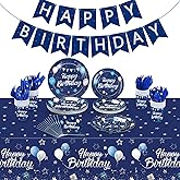 Pajean Blue Happy Birthday Party Tableware Set Birthday Decoration Banner and Tablecloths Decoration Plates Cups Napkins Dinnerware for 24 Guests Party Supplies(Blue and Silver)