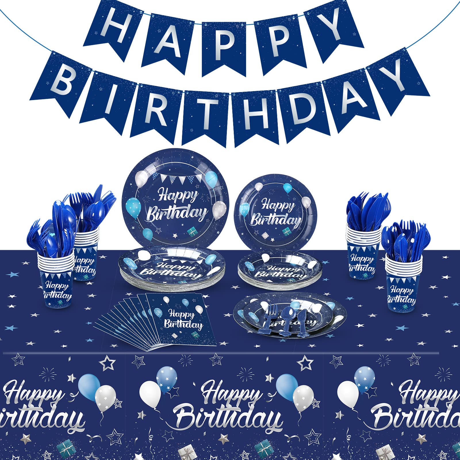 Photo 1 of Pajean Blue Happy Birthday Party Tableware Set Birthday Decoration Banner and Tablecloths Decoration Plates Cups Napkins Dinnerware for 24 Guests Party Supplies(Blue and Silver)