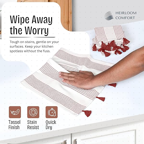 HEIRLOOM COMFORT RUST DECORATIVE DOTTED KITCHEN TOWELS 16X26 INCH, 12 PACK, QUICK-DRY, 100% COTTON DISH TOWELS WITH TASSELS, ULTRA ABSORBENT & SOFT FOR CLEANING, DRYING DISHES, AND EVERYDAY USE