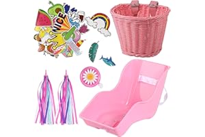 Aurelema Doll Bike Seat with 30 Pcs Stickers Decals Bike Basket for Kids Bike Handlebar Streamers Colorful Ribbons Tassel Daisy Bike Bell for Girls Boys Bike Accessories Christmas Kids Gift