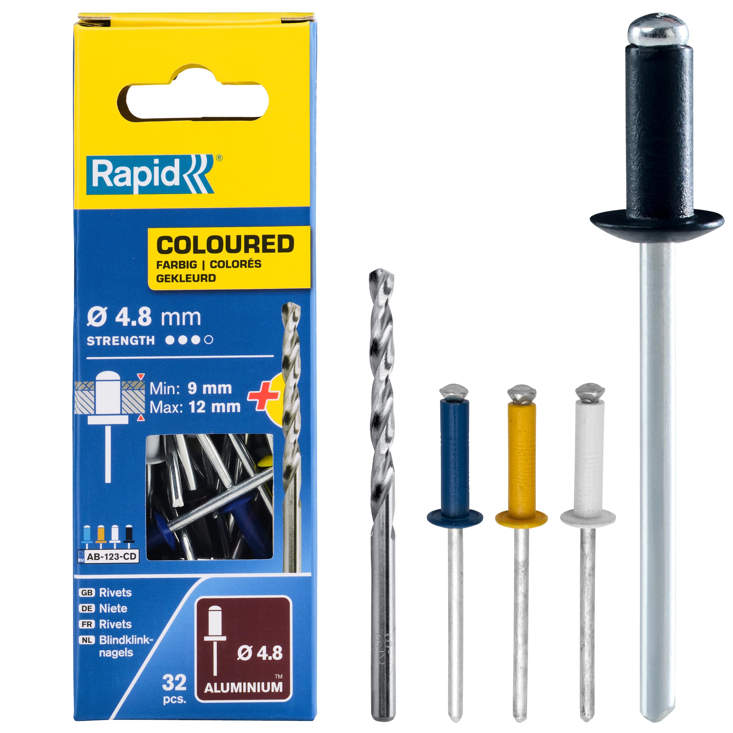 Rapid Rivets Automotive Including Drill Bit, Blue, Yellow, Black and White, 4.8 x 16 mm, 5000404 - 32 Pieces