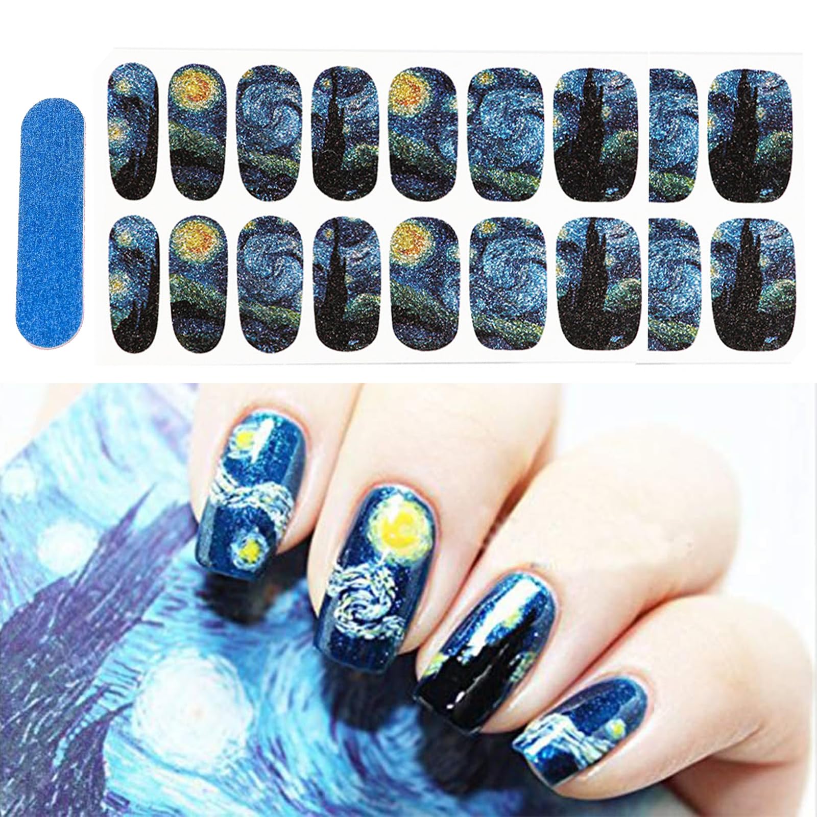 3D Van Gogh's Starry Night Fullnail Stickers, Full Nail Starry Sky Art Gel Nail Polish Sticker Decals, Shimmery Glittery, Long Lasting, Easy to Apply & Remove - 2 Sheets(28 Nail Wraps) and 1 File