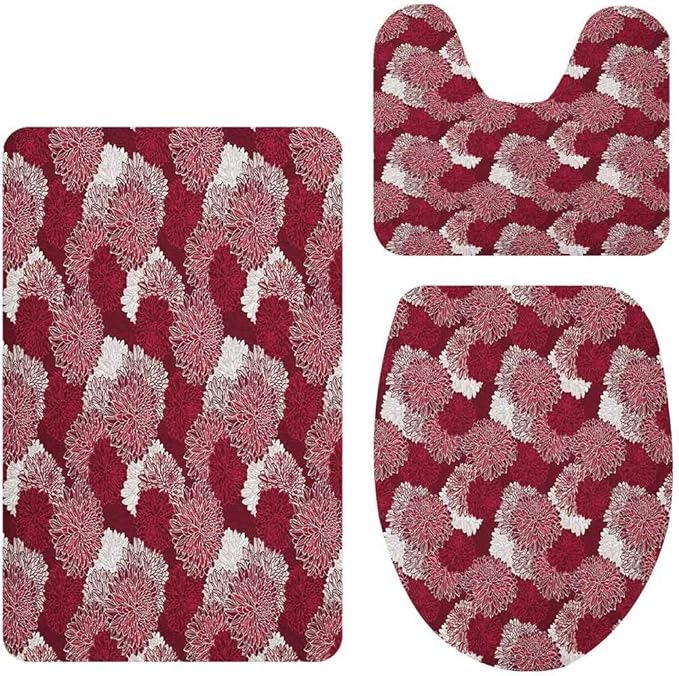 Juego de 3 alfombras de baño rojas y blancas florecientes con