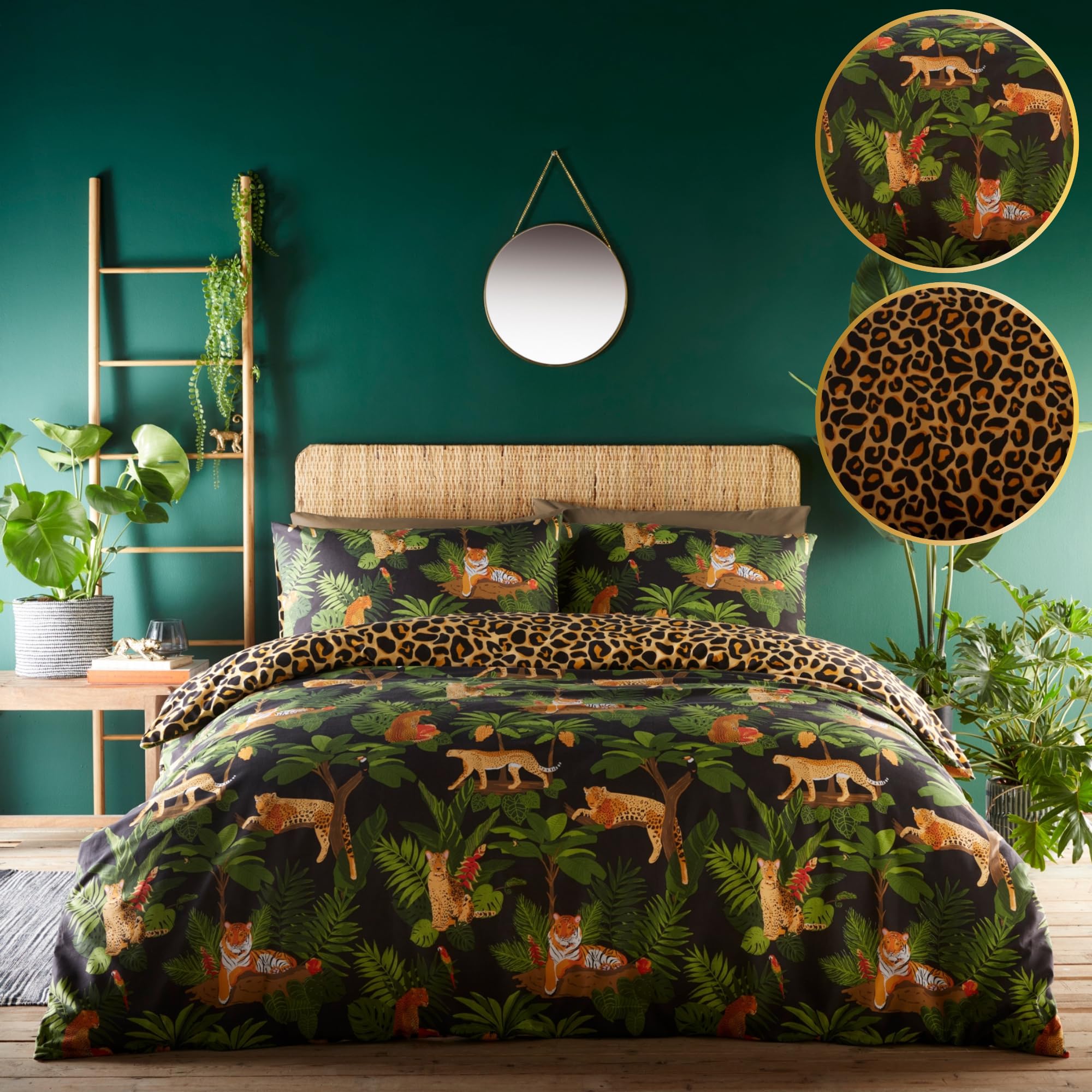 Kampala Hill Reversible Leopard Print Duvet Cover Set Bedding Wild Cats Tiger Jaguar Cheetah Jungle Leaf Double