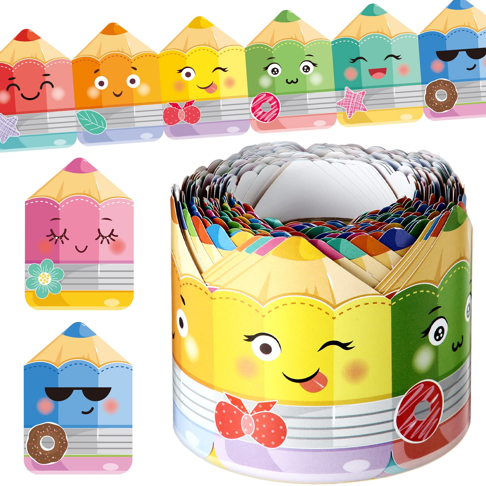 Photo 1 of Eersida 65.6 ft Colorful Pencil Bulletin Board Borders With Cute Faces - Border Trim Paper Cutouts for Classroom Decorations, Preschool, Daycare, Kindergarten, Chalkboard, Desks, Windows