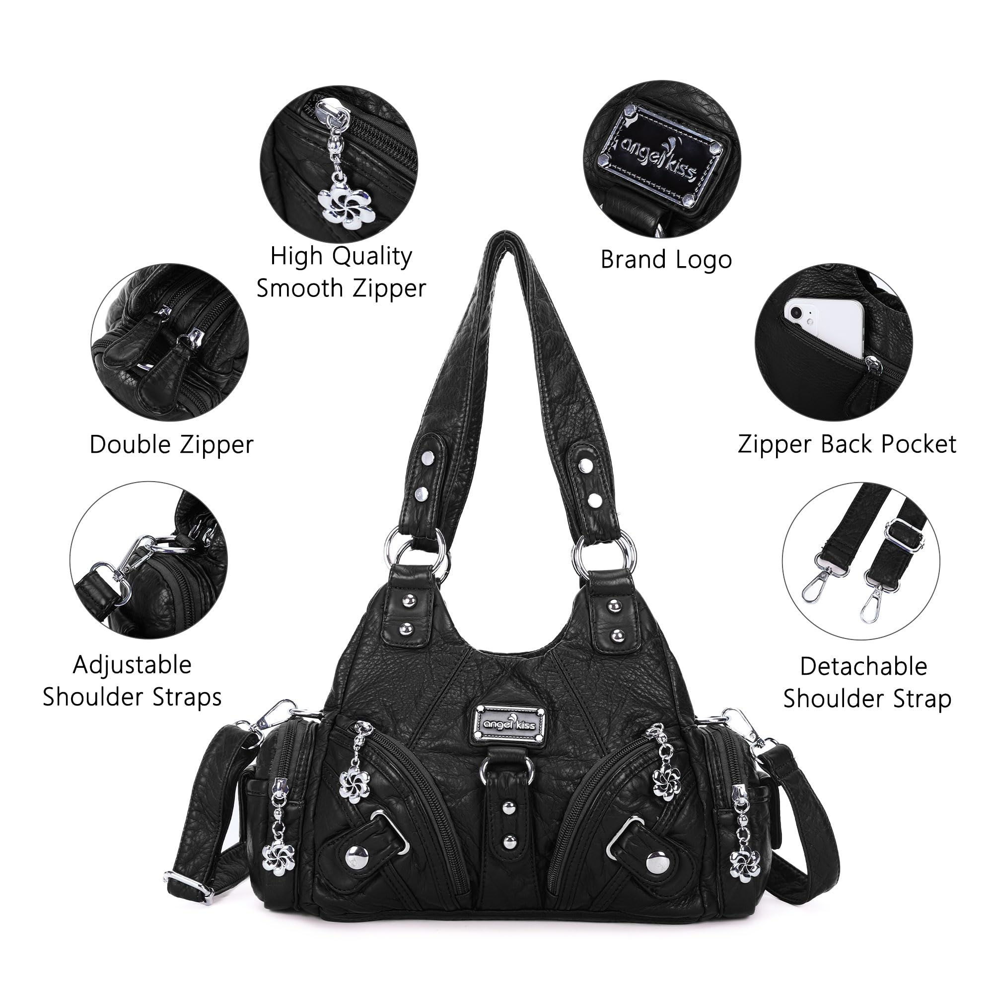 Angel Kiss Purses for Women Small Hobo Shoulder Bags Vagen Leather Multi-Pocket Tote Bag with Zipper