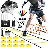 GHB Agility Ladder,Football Training Equipment Set,4 Agility Hurdles, 20 feet12 Rungs Speed Ladder,12 Disc Cones,Resistance Parachute, Jump Rope, 5 Resistance Bands