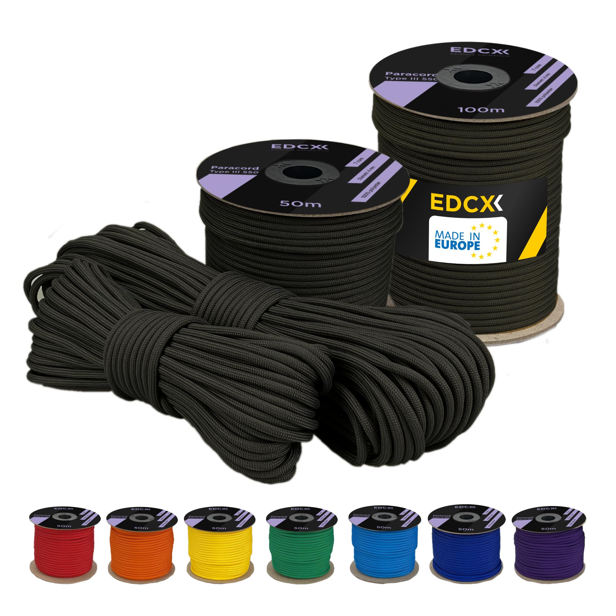 EdcX 4 mm Polyester Paracord 550 (15, 30 and 50 m) – 4 mm Type III, Tear-Resistant Parachute Cord for Survival Made of 100% Polyester with 7 Wires | Solid Colours (Olive, 50 m)