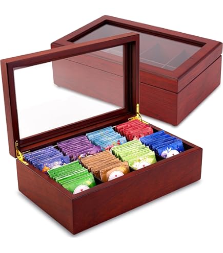 Amazon.com: CHEZ MONETT 茶櫃12 格茶包大型儲物盒帶斜面玻璃蓋: 居家
