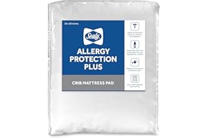 Sealy Baby Allergy Protection Plus Fitted Waterproof Infant Crib Mattress Protector Pad and Toddler Bed Cover, Durable & Comfortable Topper, Machine Washable and Dryer Friendly, 52” x 28”- White