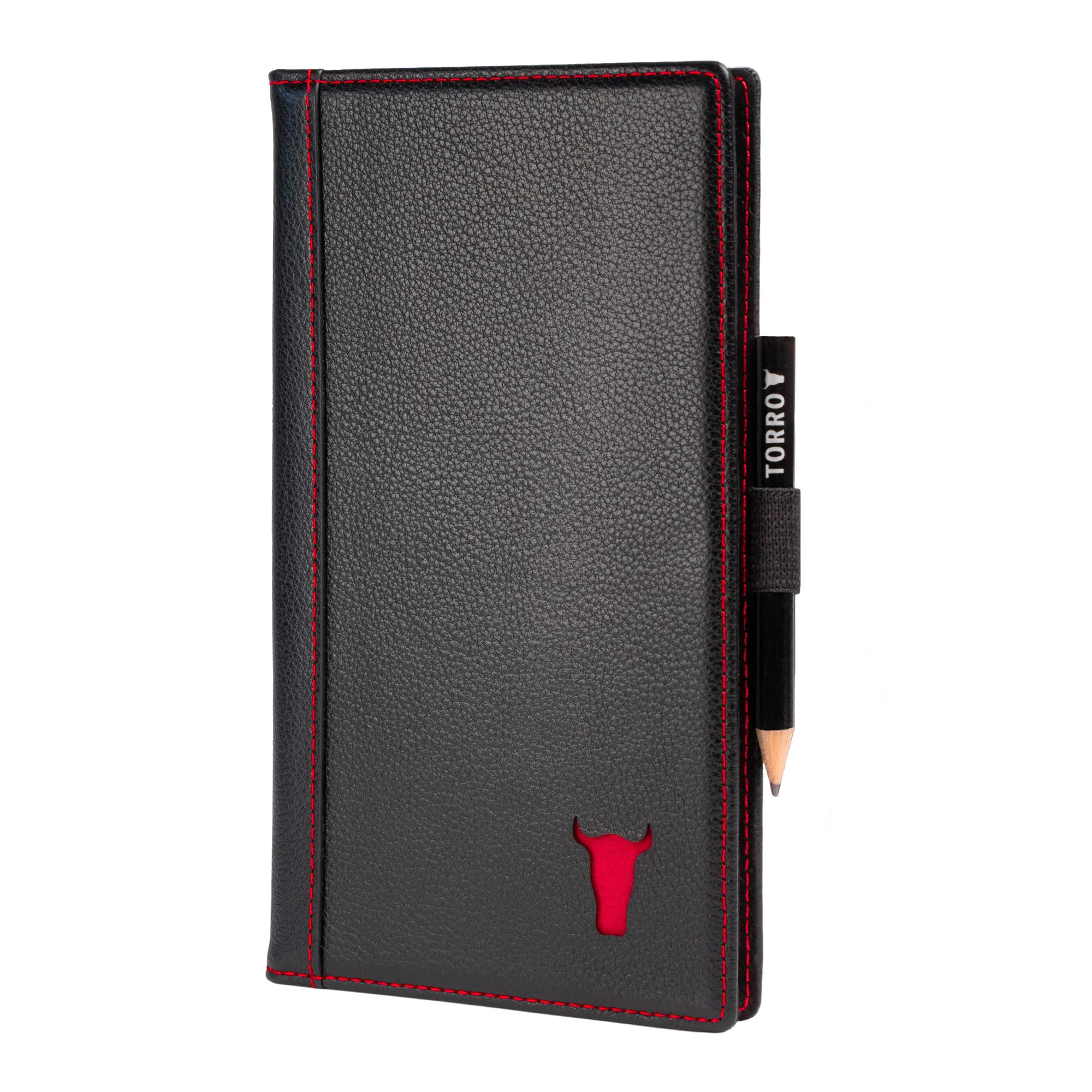 TORRO Large Golf Scorecard Holder – Genuine Leather Pro Golf Score Card Wallet with Card Slot and Pencil (Black with Red Detail)