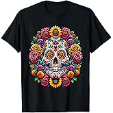 Dia De Los Muertos Costume Womens Sugar Skull Flowers Shirt T-Shirt