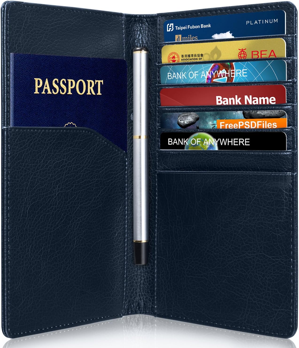 GreatShield RFID Blocking Leather Wallet (10 Slots), Theft Proof Credit Card/Passport Holder [7 Large Card Slots | 2 Cash Compartments | 1 Passport Slot] for Men & Women (Blue)