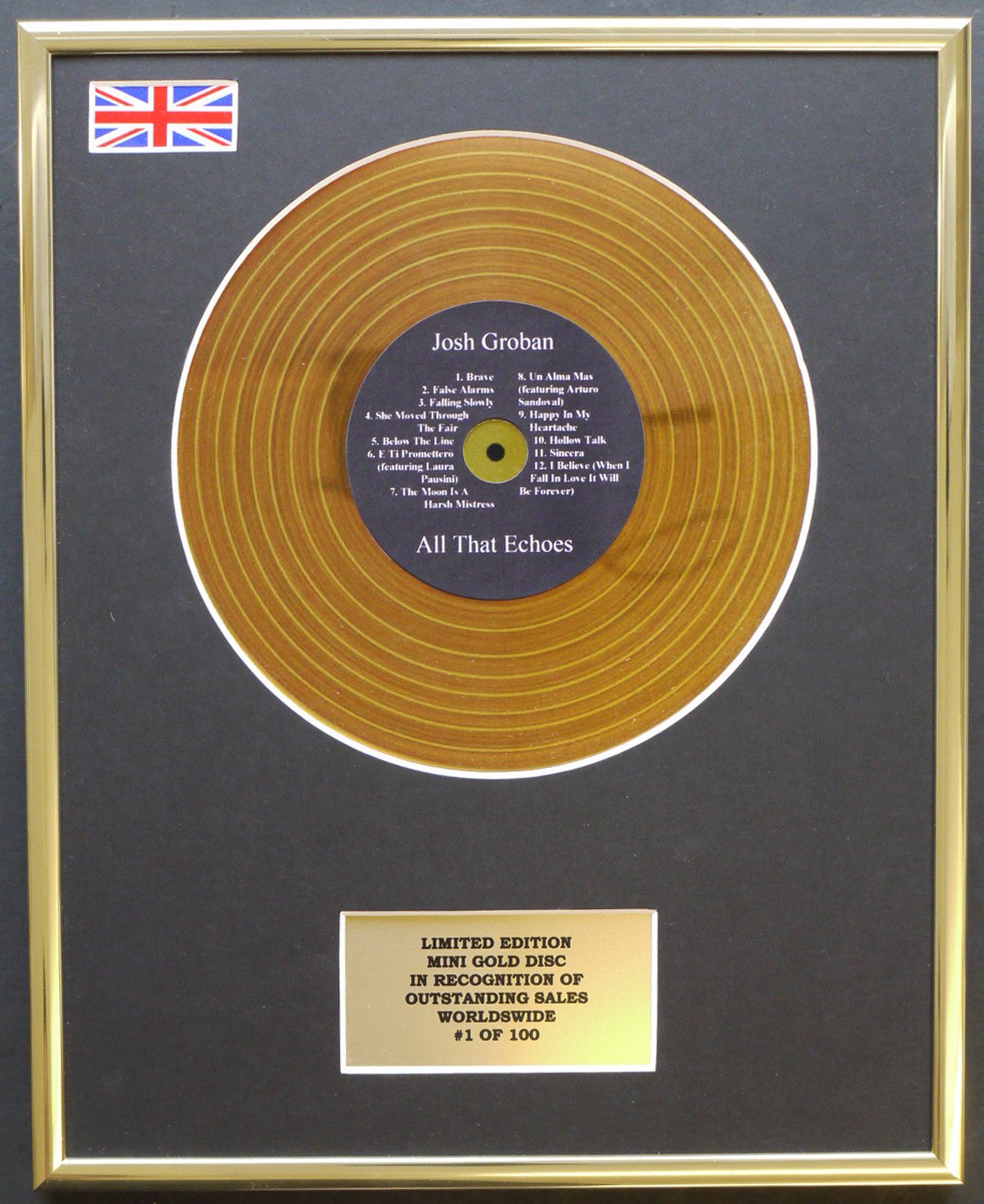 Limited Edition mini gold disc Display JOSH GROBAN/MINI GOLD DISC DISPLAY/LIMITED EDITION/COA/ALL THAT ECHOES