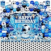 KOTLMIGHT Soccer Party Decorations for Boys, 171Pcs Blue Soccer Ball Birthday Party Decor Supplies - Backdrop, Sticker, Balloons, Cake Toppers, Tablecloth, Centerpieces, Hanging Swirls, Wall Signs