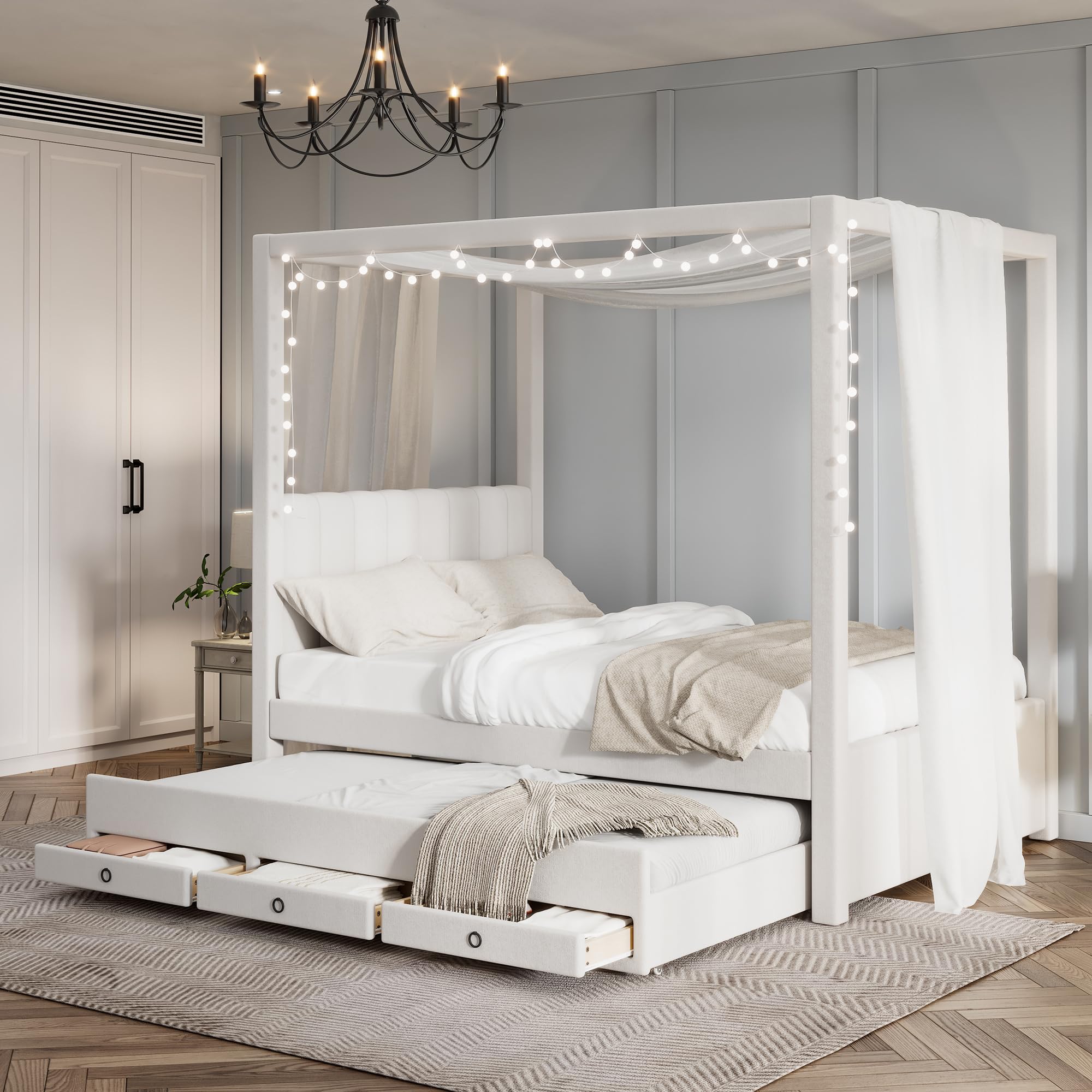 Photo 1 of **MISSING HARDWARE***Ball & Cast Full Size Upholstered Canopy Platform Bed with Pull-Out Trundle,3 Storage Drawers,Linen Fabric Headboard,Sturdy Pine Wood Frame for Guest Room Teens,Beige