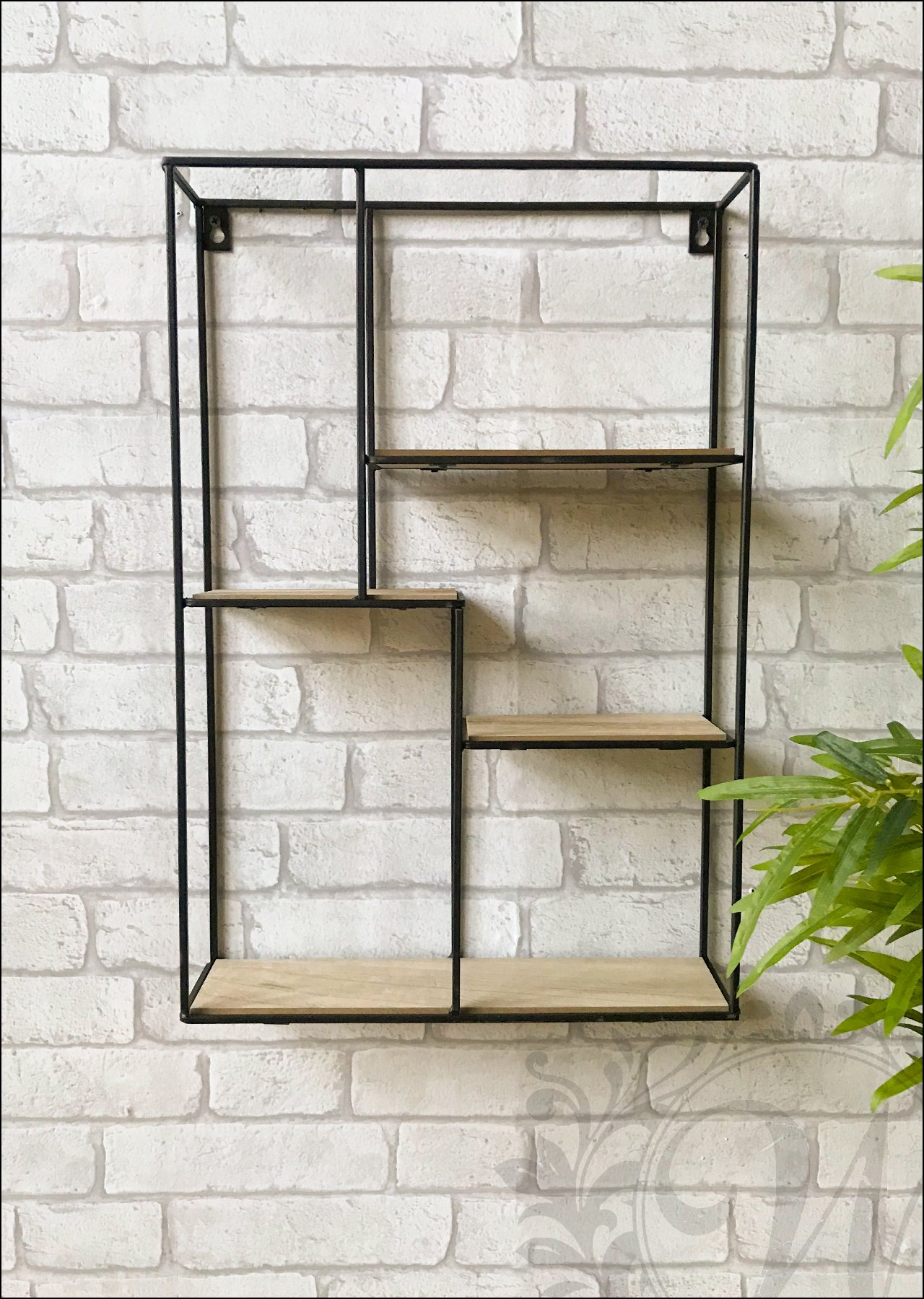 Rectangular Black Wall Unit with Shelves Metal and Wood Industrial Style Four Rectangle