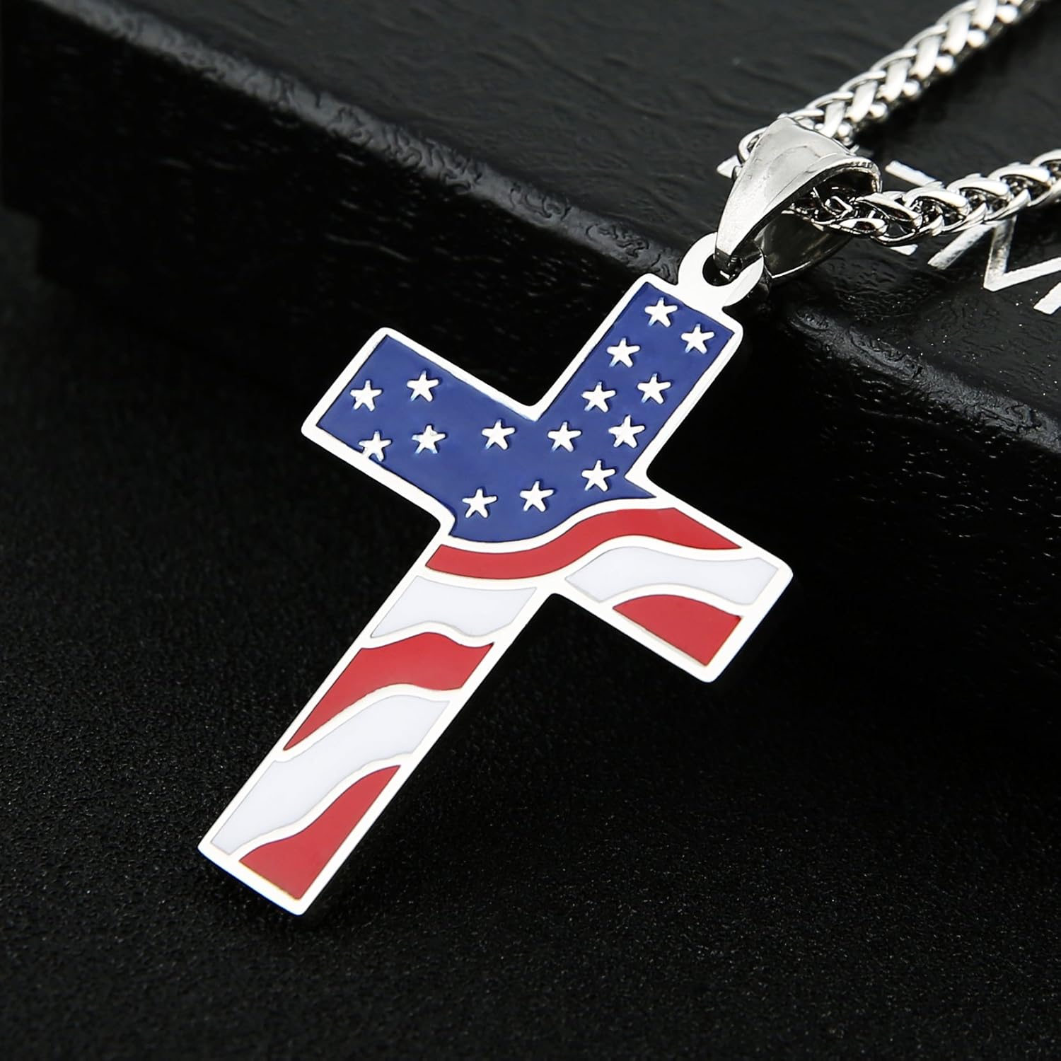 HZMAN American Flag Patriotic Cross Religious Jewelry Pendant Necklace, Silver: Clothing