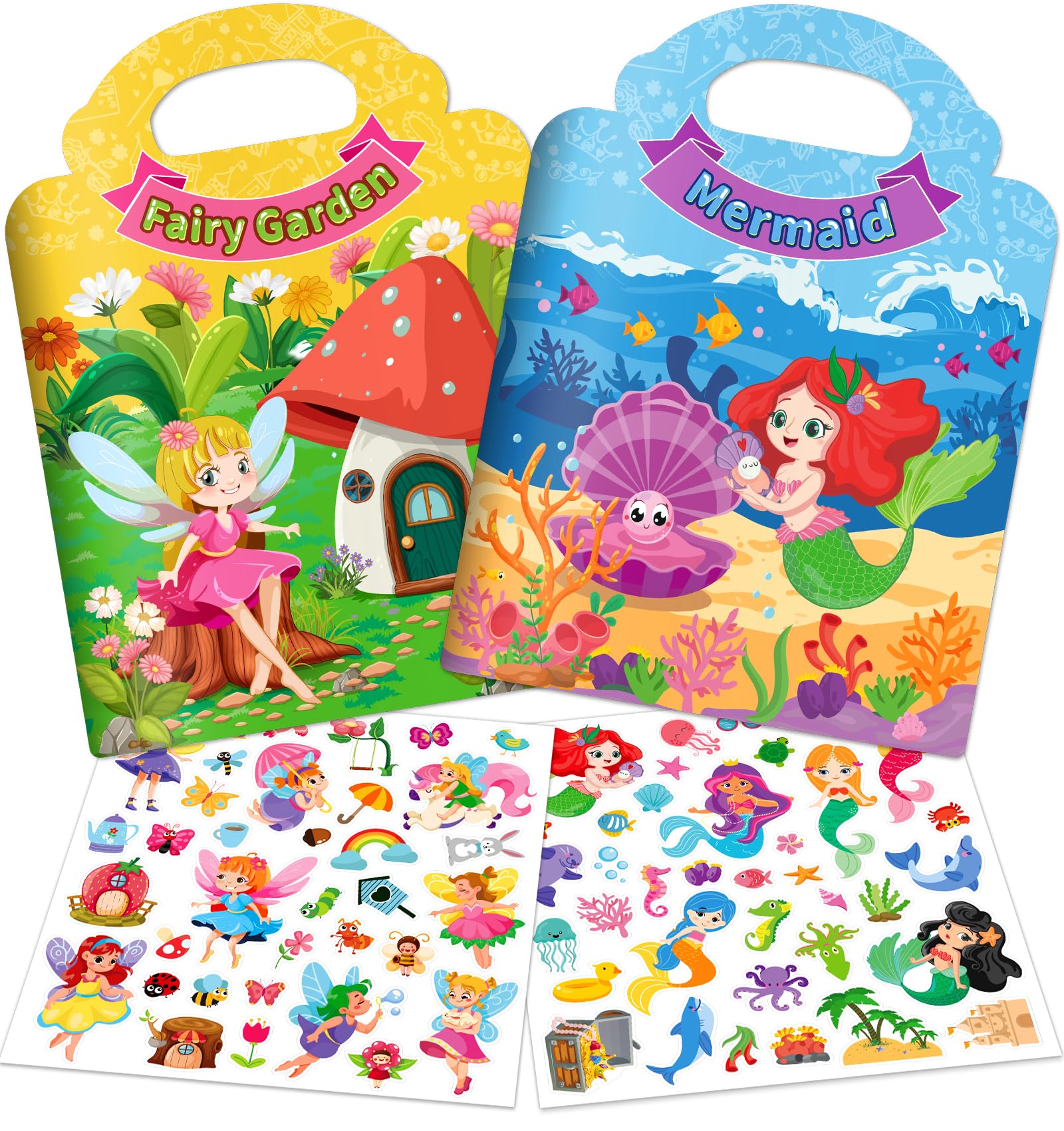 Photo 1 of 2 Sets Reusable Sticker Books for Toddler 1-3, Dress Up Stickers Book for Girls 2-4, Arts Crafts Jelly Stickers Travel Toys, Holiday Birthday Gifts Easter Basket Stuffers, Mermaid and Fairy Tale