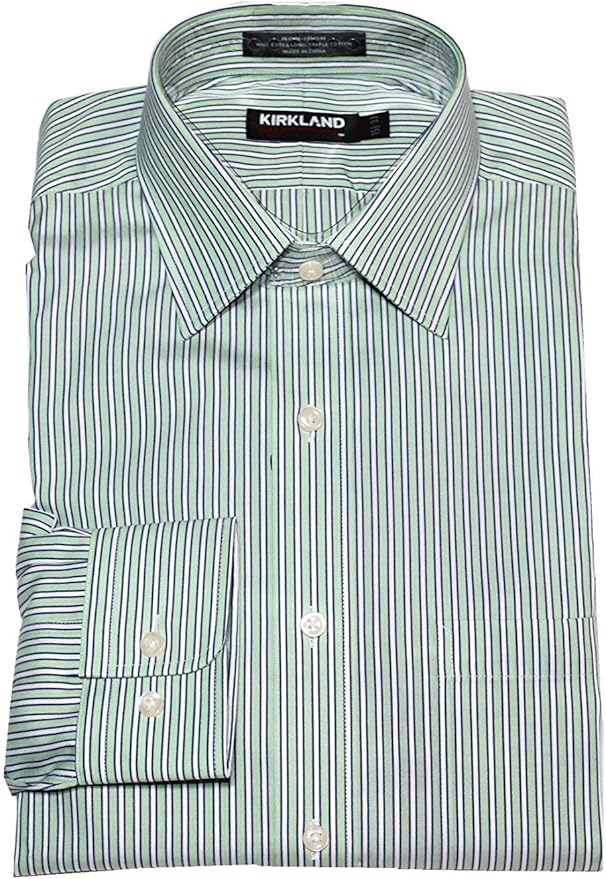 Kirkland Signature Men's Long Sleeve NonIron Button Down Dress Shirt, Green/White, 16 x 33 at