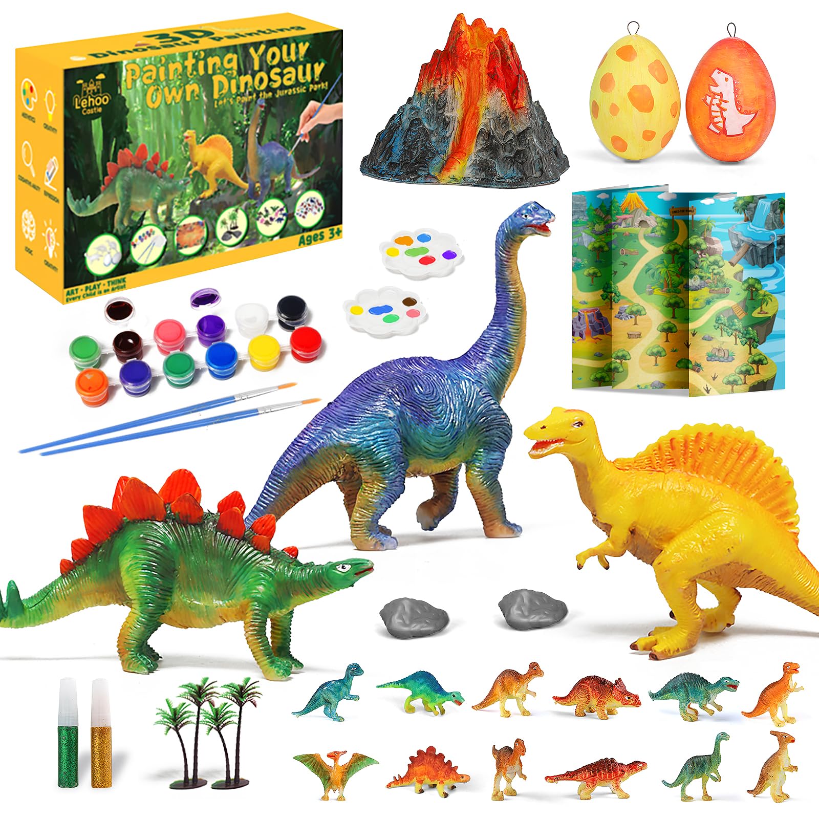 Lehoo Castle Arts and Crafts for Kids Painting Set, Craft Kits for Kid Dinosaur Painting Kit, 3D Dinosaur Toys for Age 4 5 6 7 8 9 Year Old, 12 Color Painting Sets for Children