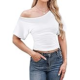 LilyCoco Womens Off The Shoulder Crop Top Sexy Asymmetrical Ruched Cinched Waist Shirts