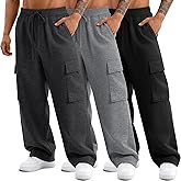 August Alley 3 Pack Big and Tall Men's Cargo Sweatpants Open Bottom Drawstring Elastic Waist Pants with Pockets Casual Hiking(Mixed Black, Mixed Gray, Black,3X-Large)