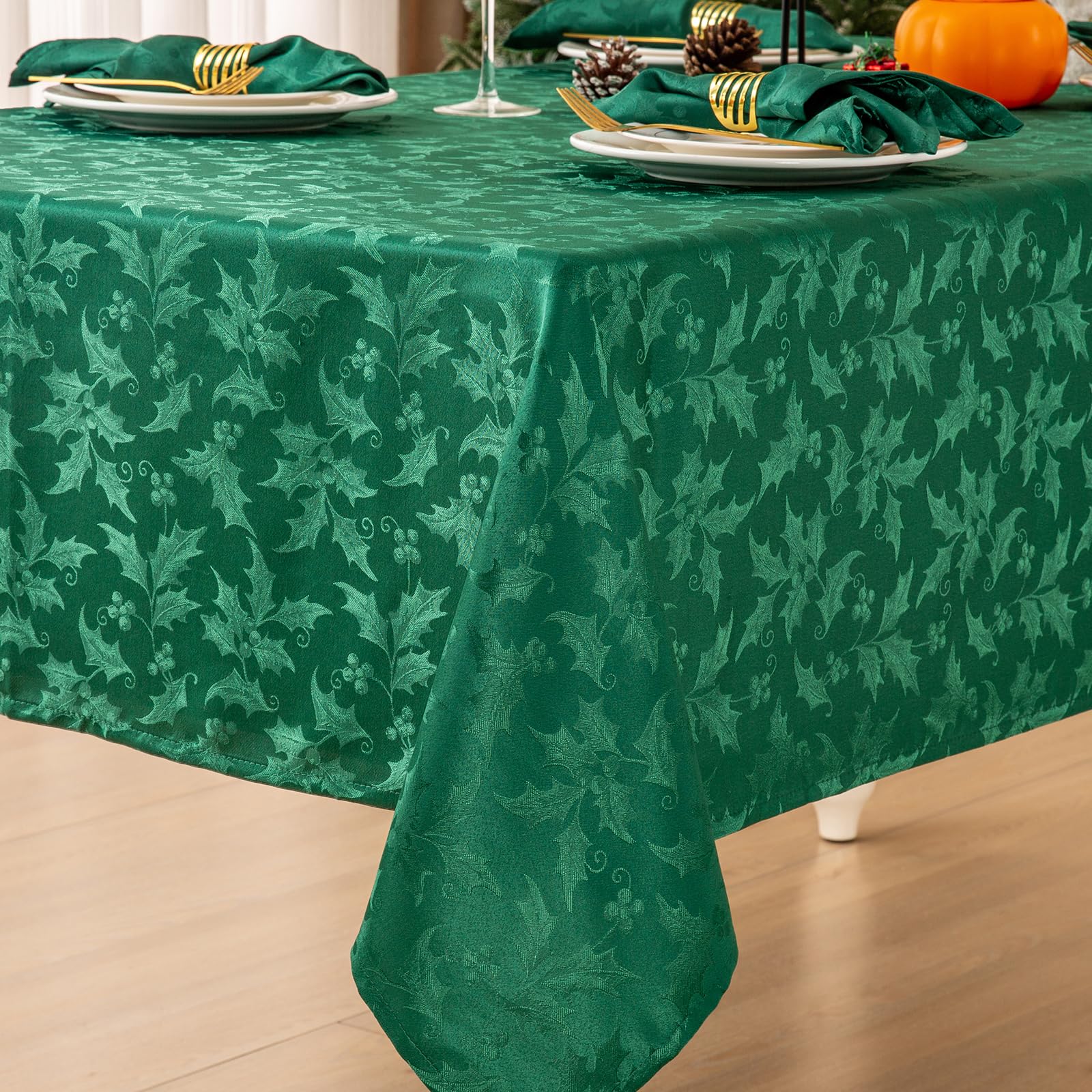 Photo 1 of Mebakuk Christmas Jacquard Tablecloth Waterproof Elegant Damask Floral Pattern Table Cloth, Heavy Weight Wipeable Wrinkle Free Table Covers for Dinner or Daily Uses (Green, 52" x 70" (4-6 Seats))