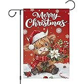 Heyfibro Merry Christmas Highland Cow Garden Flag 12x18 Inch Double Sided Burlap, Winter Snowflake Yard Flags for Holiday Xmas Seasonal Outdoor Decoration(ONLY FLAG)