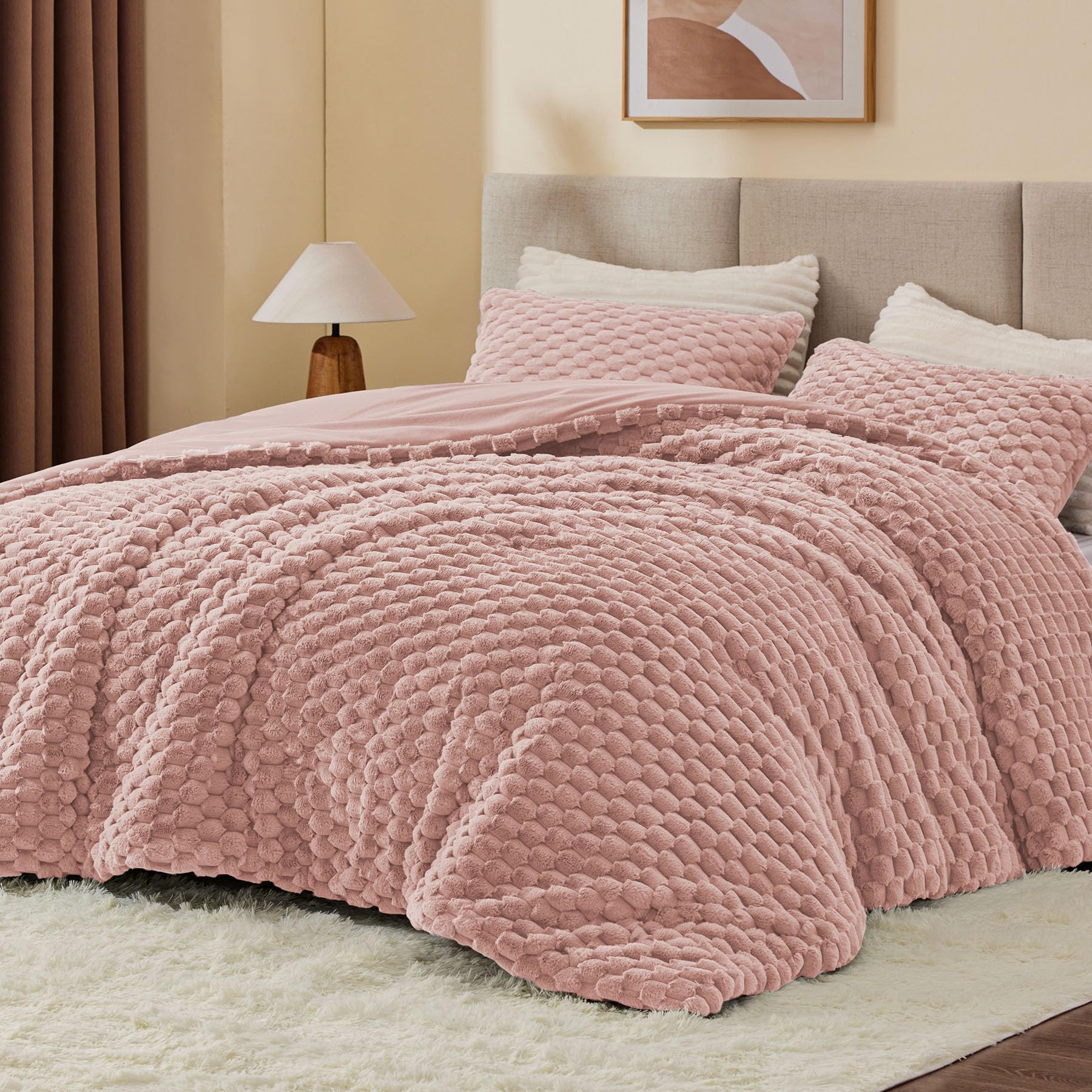 Photo 1 of BEDELITE Fluffy King Size Comforter Set - Dusty Pink Fleece Soft Comforter for King Size Bed, Luxury Warm Bedding Set for Winter, Fuzzy Bed Set 3 Pieces (1 Comforter, 2 Pillowcases)
