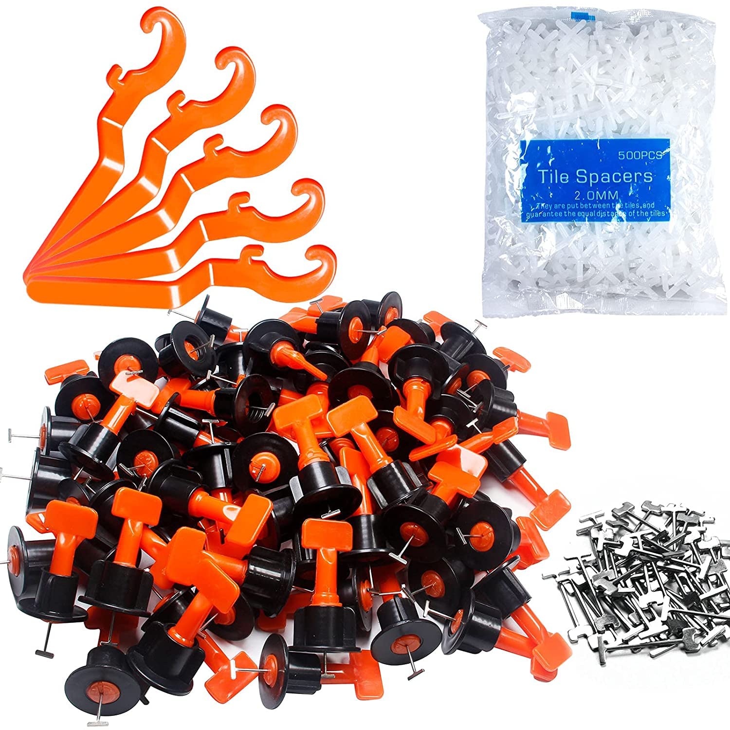 KAHEIGN Tile Leveling System Kit, 100Pcs Reusable Tile Levelers Spacers for Building Walls Floors with 4Pcs Special Wrenches, 500Pcs 2mm Tile Spacers, 10Pcs T-Needles