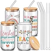 SiliFine 4 Pcs Teacher Christmas Gifts 16 oz Teacher Glass Cups with Lid and Straw Thank You Coffee Cup Teachers Can Shape Drinking Tumbler for Christmas Teachers Appreciation Party Favors